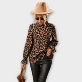 Kayla – Blusa de Leopardo con Cuello Plisado