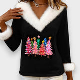 Liz | Top de punto con escote en V y estampado de árbol de Navidad