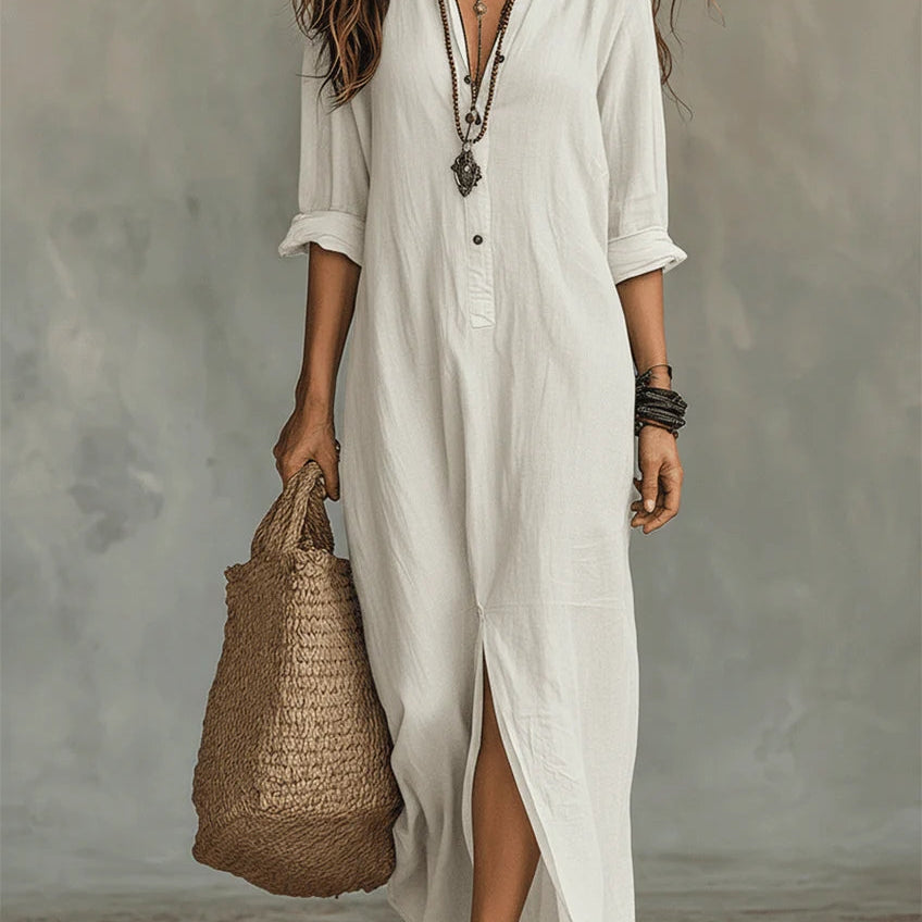 Soline - Vestido maxi relajado con escote en V y botones