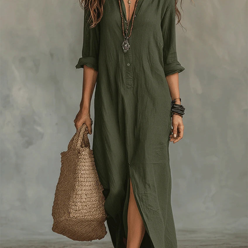 Soline - Vestido maxi relajado con escote en V y botones