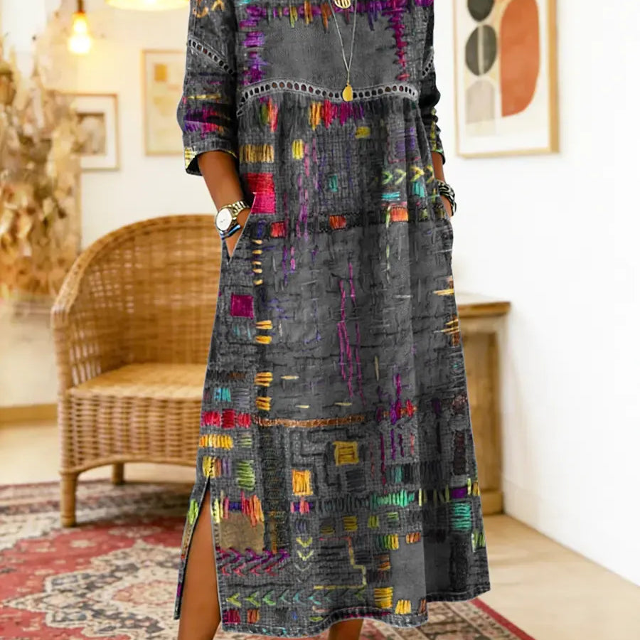 Manuela - Vestido de Denim con Parches Étnicos