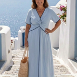 Ophélie | Midi-Kleid mit V-Ausschnitt und kurzen, gedrehten Ärmeln