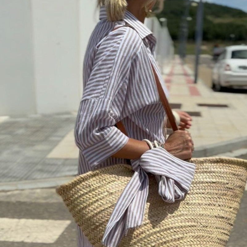 COLEN - CAMISA CLÁSICA DE VESTIDO PARA MUJER CON RAYAS Y ENCAJE