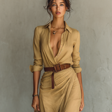 Vestido largo con cuello de solapa y cinturón incluido
