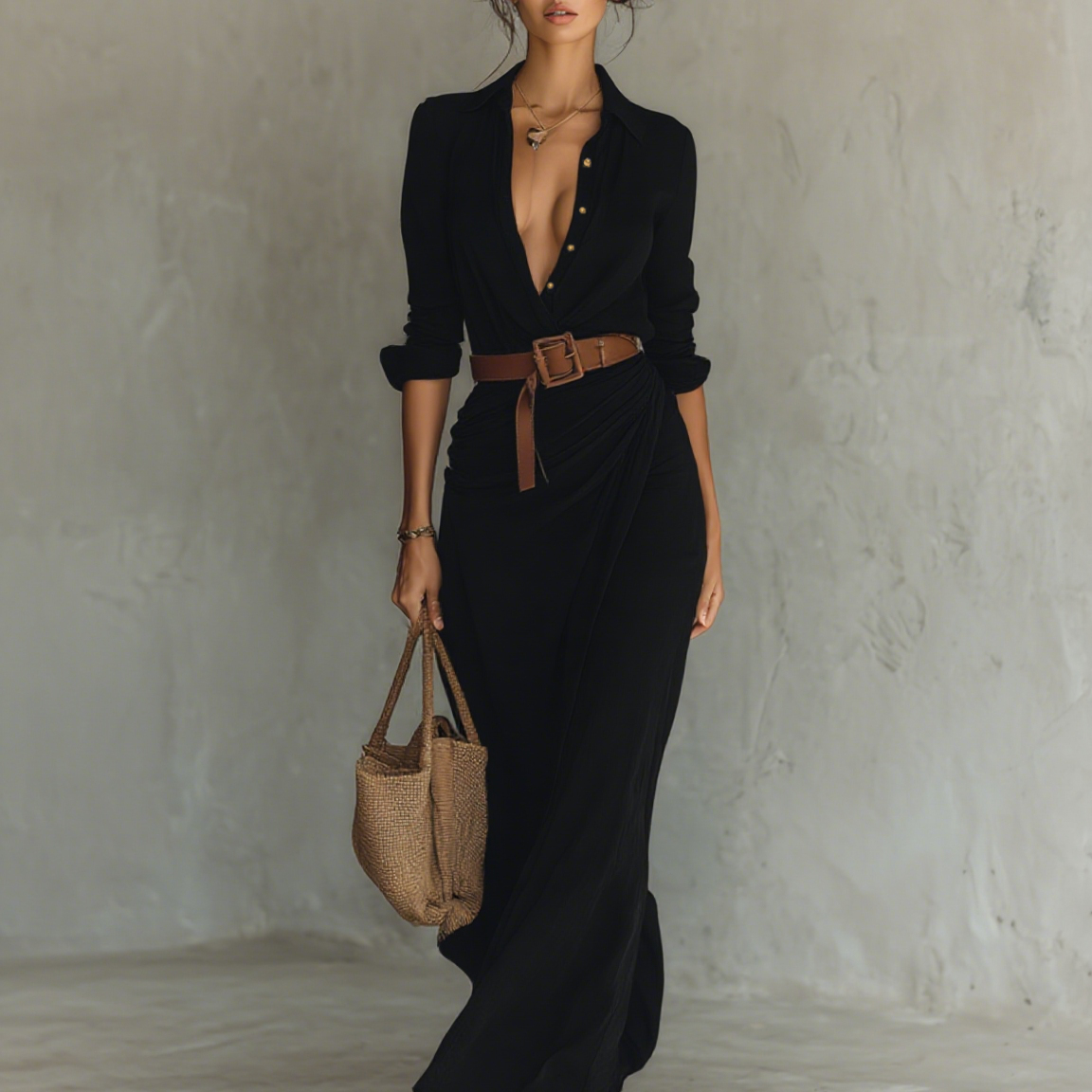 Vestido largo con cuello de solapa y cinturón incluido