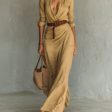 Vestido largo con cuello de solapa y cinturón incluido