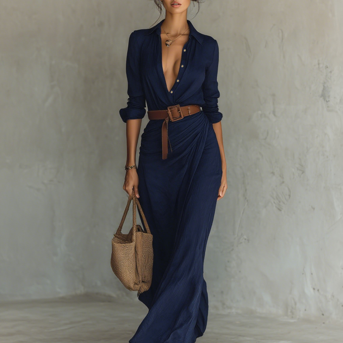 Vestido largo con cuello de solapa y cinturón incluido