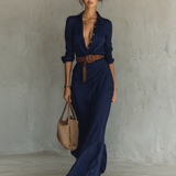 Vestido largo con cuello de solapa y cinturón incluido