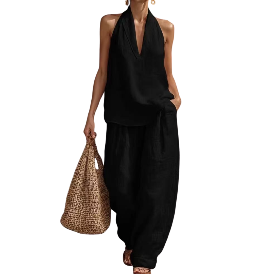 ZURI – Conjunto ligero de dos piezas con top halter y pantalones anchos
