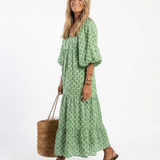 Céline | Midikleid mit Muster, dreiviertel Ärmeln und V-Ausschnitt