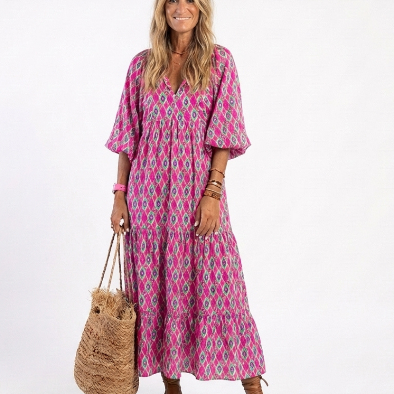 Céline | Midikleid mit Muster, dreiviertel Ärmeln und V-Ausschnitt