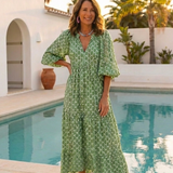 Céline | Midikleid mit Muster, dreiviertel Ärmeln und V-Ausschnitt