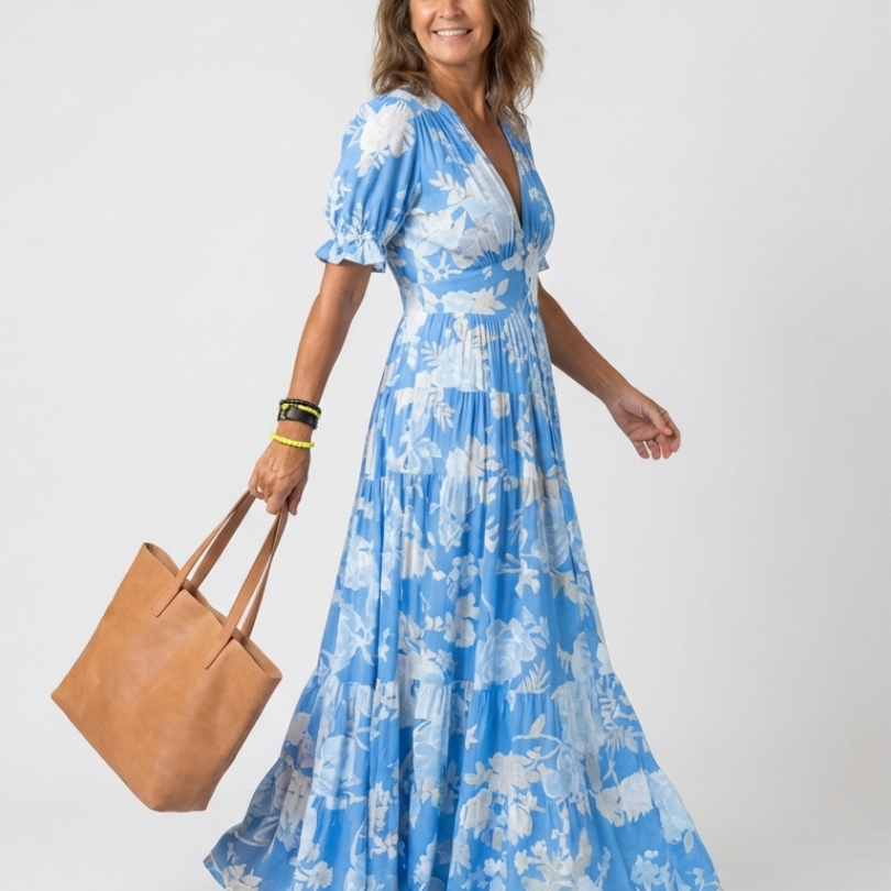 Juliette | Midikleid mit Blumen, kurzen Ärmeln und V-Ausschnitt