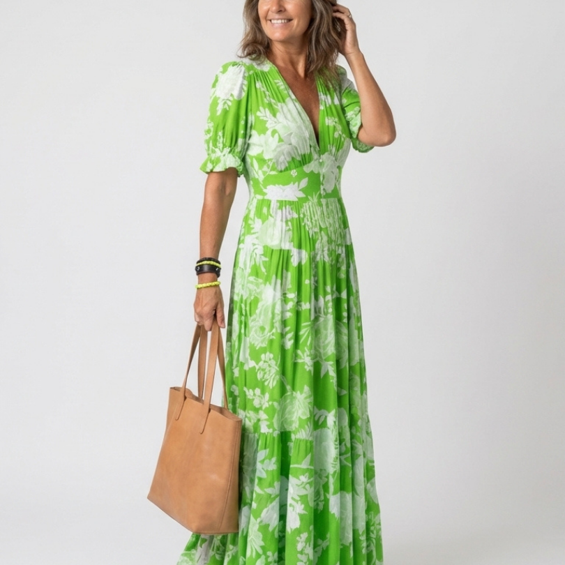 Juliette | Midikleid mit Blumen, kurzen Ärmeln und V-Ausschnitt