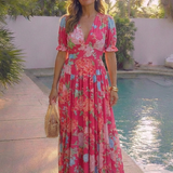 Juliette | Midikleid mit Blumen, kurzen Ärmeln und V-Ausschnitt