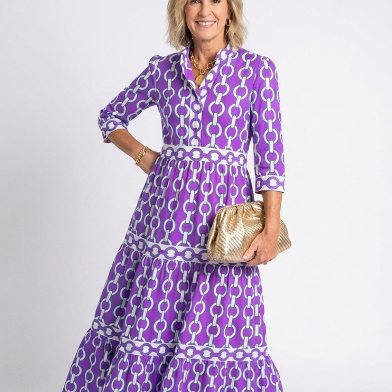 Pauline | Midi-Kleid mit Dreiviertelärmeln und Kettenmuster