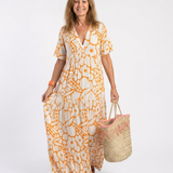 Lucie | Midi-Kleid mit Blumen, kurzen Ärmeln und V-Ausschnitt