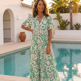 Lucie | Midi-Kleid mit Blumen, kurzen Ärmeln und V-Ausschnitt