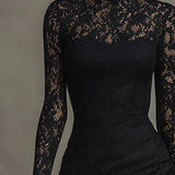 Elisabetta - Elegantna Maxi Fishtail Haljina od Elastičnog Crnog Čipkastog Materijala