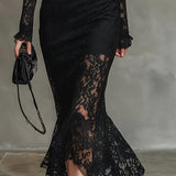 Elisabetta - Elegantna Maxi Fishtail Haljina od Elastičnog Crnog Čipkastog Materijala