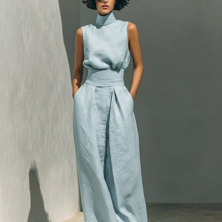 Maria – Conjunto minimalista de algodón y lino con top y pantalones anchos