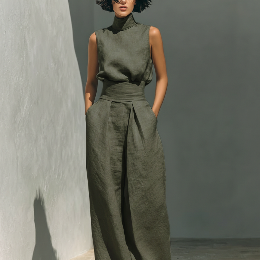 Maria – Conjunto minimalista de algodón y lino con top y pantalones anchos