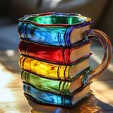 Taza artística 3D colorida con motivos de libros