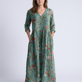 Valérie | Maxikleid mit floralem Muster, V-Ausschnitt und 3/4-Ärmeln