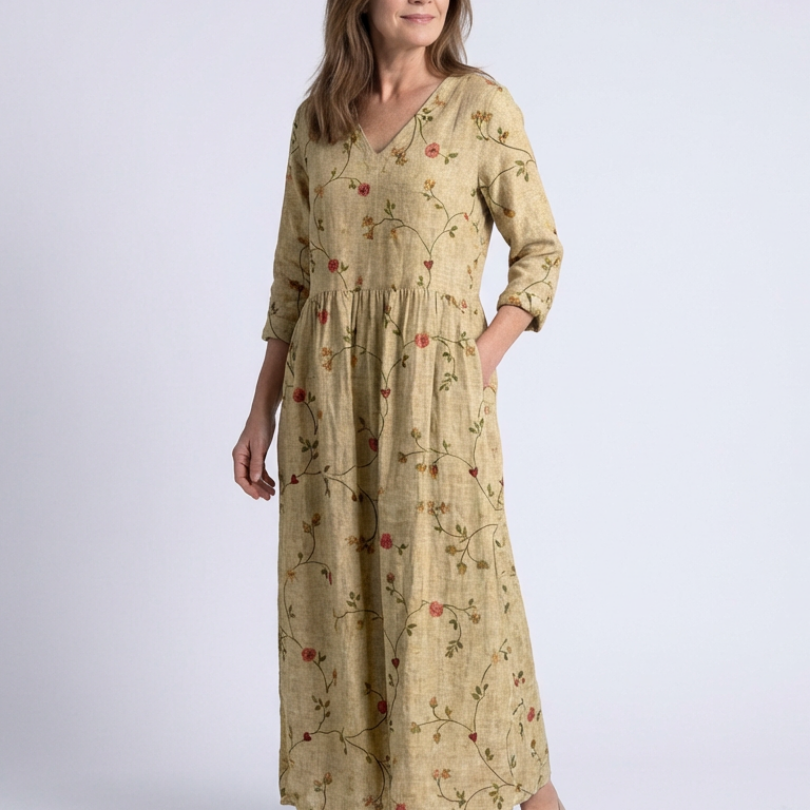 Valérie | Maxikleid mit floralem Muster, V-Ausschnitt und 3/4-Ärmeln