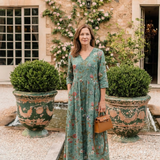 Valérie | Maxikleid mit floralem Muster, V-Ausschnitt und 3/4-Ärmeln