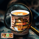 Termo de cerámica mágico con diseño de estantería de biblioteca