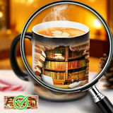 Termo de cerámica mágico con diseño de estantería de biblioteca