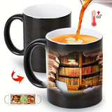 Termo de cerámica mágico con diseño de estantería de biblioteca