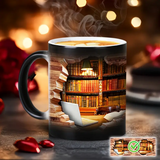 Termo de cerámica mágico con diseño de estantería de biblioteca