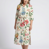 Charlotte | Midi-Kleid mit Blumen und kurzen Ärmeln mit Knöpfen