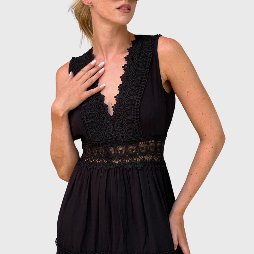 Ninfea | Vestido midi sin mangas de estilo boho con detalles de encaje