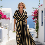 Élisa | Midi-Kleid mit Streifen, V-Ausschnitt und kurzen Ärmeln