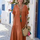 Yvonne | Maxikleid Blau mit kurzen Ärmeln und Volants