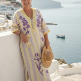 Iris | Maxikleid mit floralen Streifen, V-Ausschnitt und halblangen Ärmeln