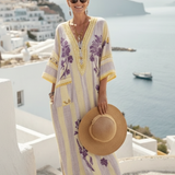 Iris | Maxikleid mit floralen Streifen, V-Ausschnitt und halblangen Ärmeln