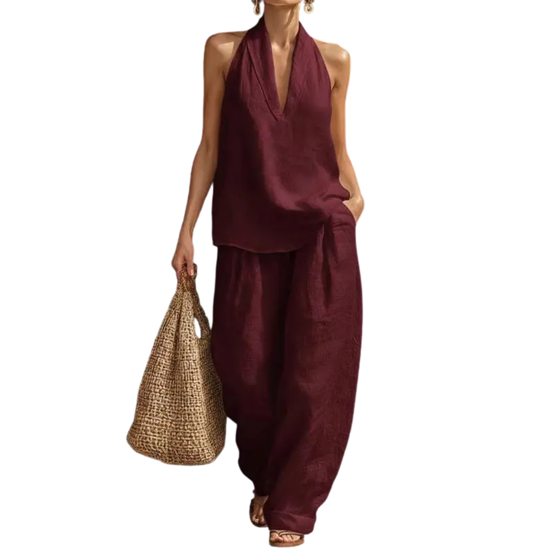 ZURI – Conjunto ligero de dos piezas con top halter y pantalones anchos