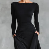 Adele - Moderna duga haljina od crnog krepa sa brošem i nabranim detaljima