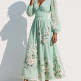 Celeste - Vestido midi con mangas largas y estampado floral