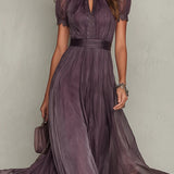 Flavia - Vestido largo morado con escote en forma de llave para mujeres