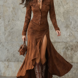 Lisette | Langes Retro-Kleid in Braun mit Volants