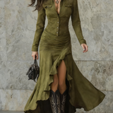 Lisette | Langes Retro-Kleid in Braun mit Volants