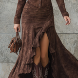 Lisette | Langes Retro-Kleid in Braun mit Volants