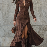 Lisette | Langes Retro-Kleid in Braun mit Volants