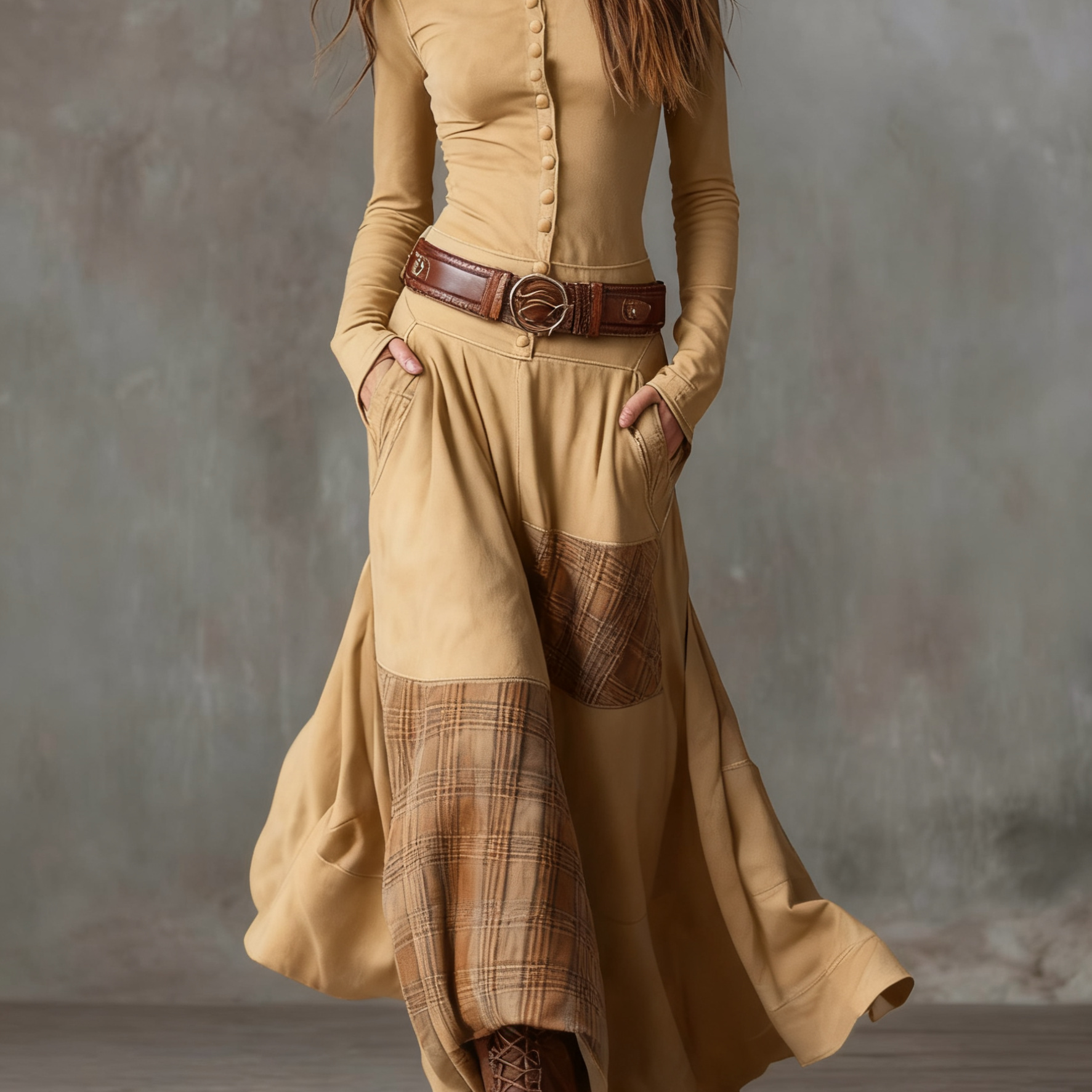 Vintage maxi haljina od imitacije antilopa sa kariranim detaljima