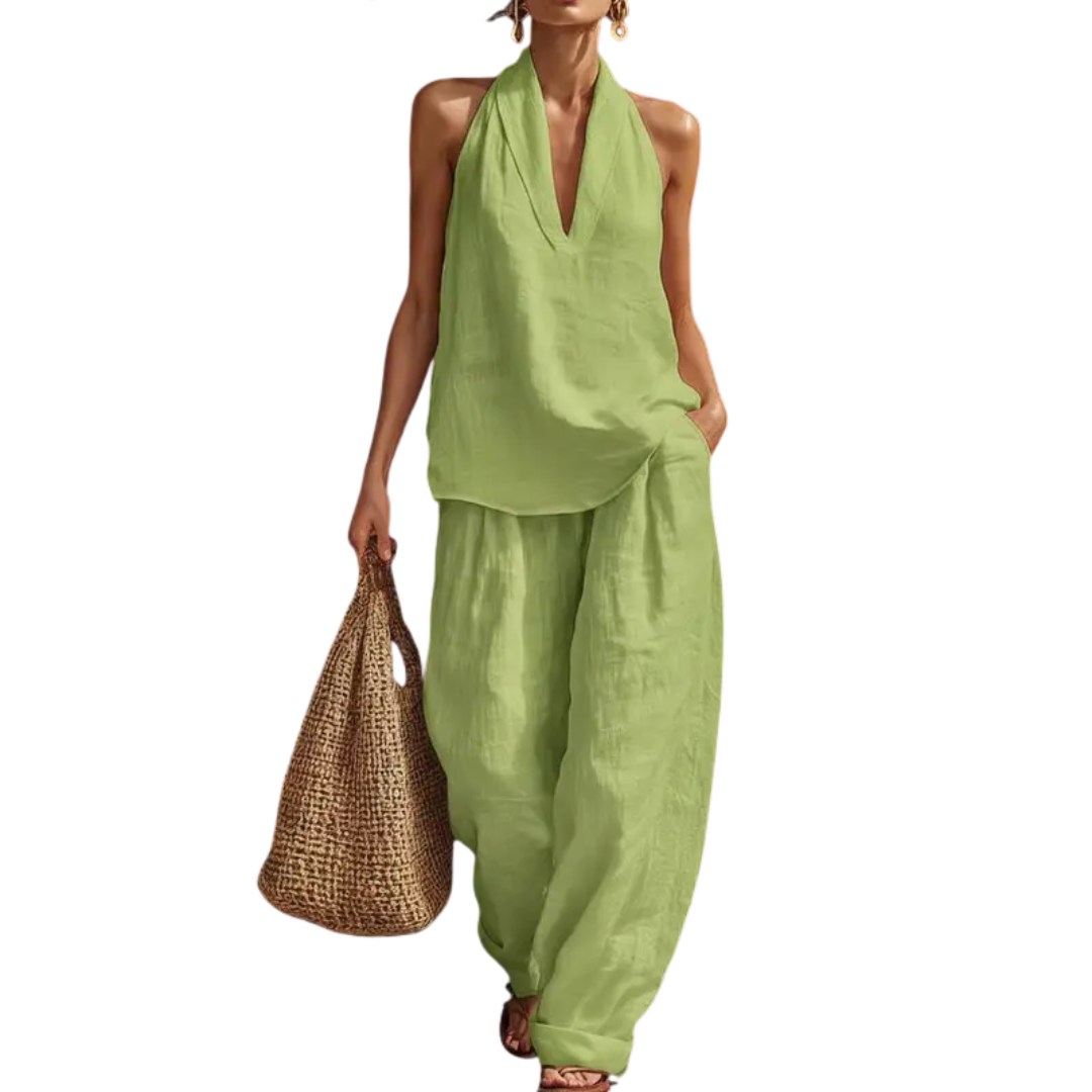 ZURI – Conjunto ligero de dos piezas con top halter y pantalones anchos
